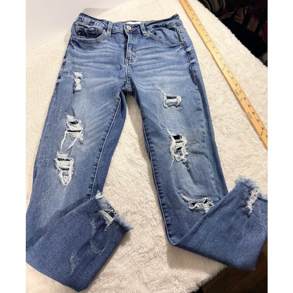 Kancan Distressed Jeans 7/27 Raw Hem Mid-Rise Stretch Denim